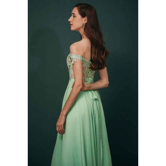 Mint Green Chiffon See-through Off-the-shoulder Lace Evening Dress