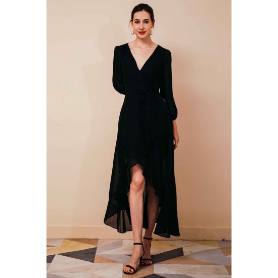 Black Long sleeves High low Chiffon Evening Dress