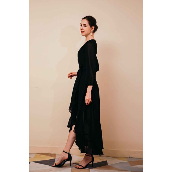 Black Long sleeves High low Chiffon Evening Dress