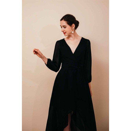 Black Long sleeves High low Chiffon Evening Dress
