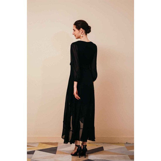 Black Long sleeves High low Chiffon Evening Dress