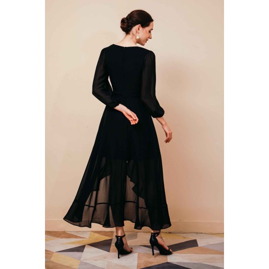 Black Long sleeves High low Chiffon Evening Dress
