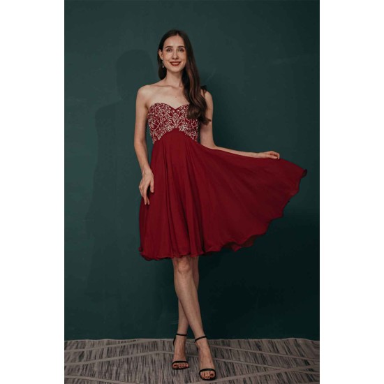 Burgundy Sweetheart Sparkle Beaded Chiffon Homecoming Dress