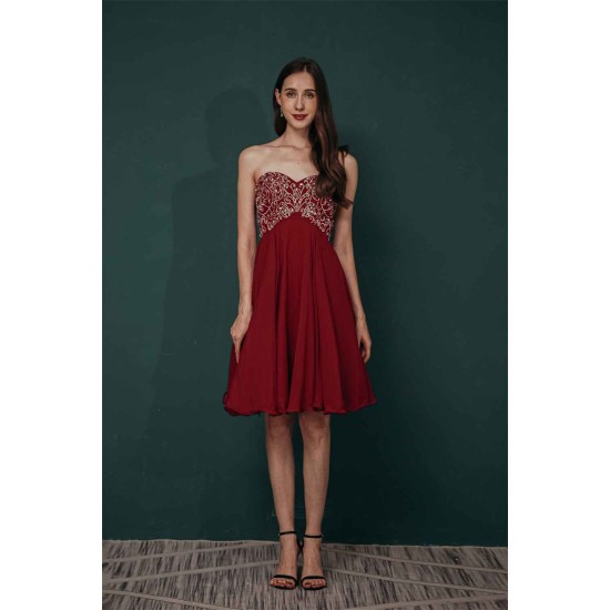Burgundy Sweetheart Sparkle Beaded Chiffon Homecoming Dress