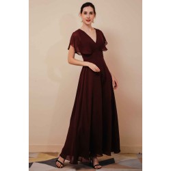 Elegant Rust Cool-shoulder V-neck Chiffon Evening Dress