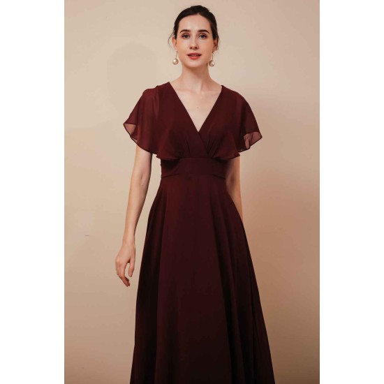 Elegant Rust Cool-shoulder V-neck Chiffon Evening Dress