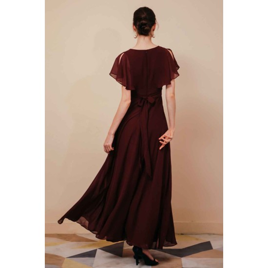 Elegant Rust Cool-shoulder V-neck Chiffon Evening Dress