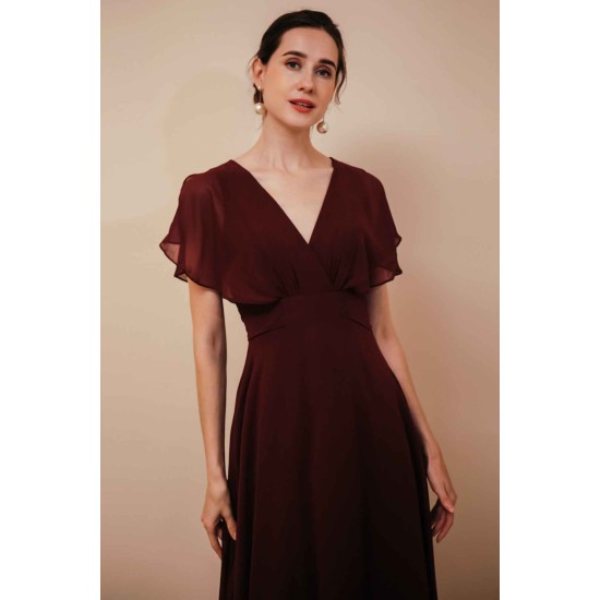 Elegant Rust Cool-shoulder V-neck Chiffon Evening Dress