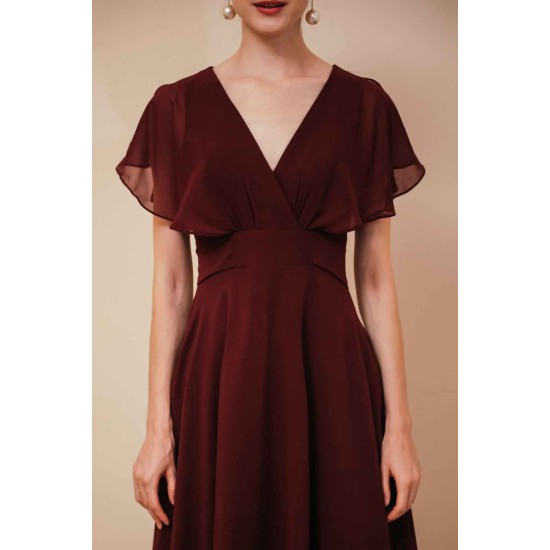 Elegant Rust Cool-shoulder V-neck Chiffon Evening Dress