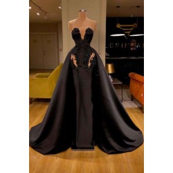 Black Sweetheart Overskirt Long Evening Gowns With Appliques