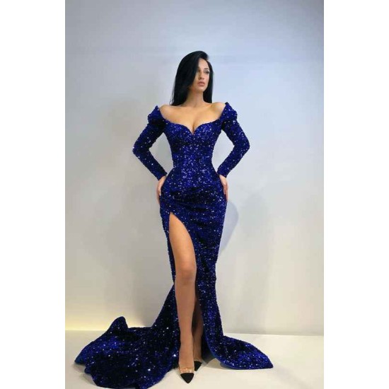 Glamorous Long Sleeves Sequins Mermaid Evening Gowns Split Prom Dresses