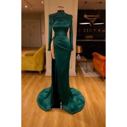 Dark Green Beadings Pearl Long Sleeves Evening Gowns Mermaid Prom Dress With Slit