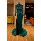 Dark Green Beadings Pearl Long Sleeves Evening Gowns Mermaid Prom Dress With Slit
