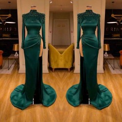 Dark Green Beadings Pearl Long Sleeves Evening Gowns Mermaid Prom Dress With Slit