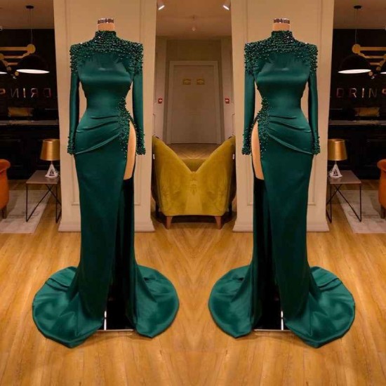 Dark Green Beadings Pearl Long Sleeves Evening Gowns Mermaid Prom Dress With Slit