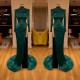 Dark Green Beadings Pearl Long Sleeves Evening Gowns Mermaid Prom Dress With Slit