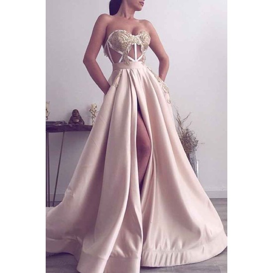Gorgeous Sweetheart Long Prom Dress Slit Evening Gowns Appliques