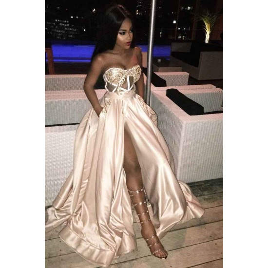 Gorgeous Sweetheart Long Prom Dress Slit Evening Gowns Appliques