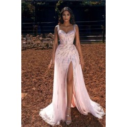 Pink Straps Sweetheart Long Prom Dress Mermaid Ruffles Evening Gowns With Slit
