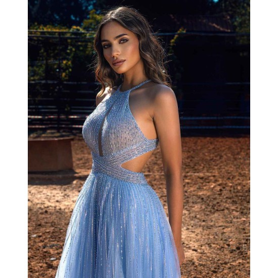 Blue Halter Beadings Long Prom Dress Tulle Evening Party Gowns