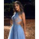 Blue Halter Beadings Long Prom Dress Tulle Evening Party Gowns