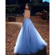 Blue Halter Beadings Long Prom Dress Tulle Evening Party Gowns