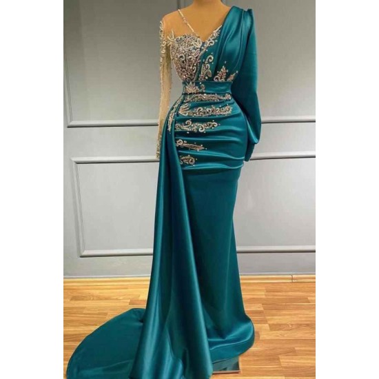 Glamorous Long Sleeve Mermaid Evening Dress With Lace Appliques Party Gowns