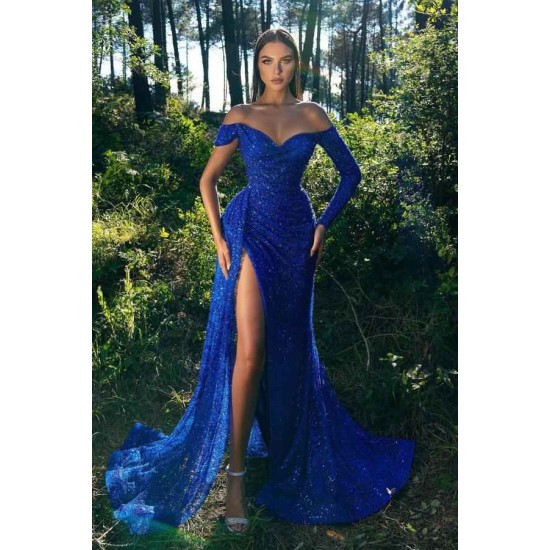 Royal Blue Long Sleeves Sequins Mermaid Evening Dress With Slit