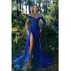 Royal Blue Long Sleeves Sequins Mermaid Evening Dress With Slit