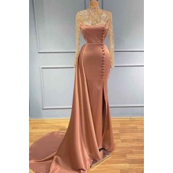Goegeous Long Sleeves Mermaid Evening Dress Lace High-Neck With Buttons