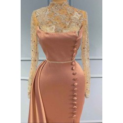 Goegeous Long Sleeves Mermaid Evening Dress Lace High-Neck With Buttons