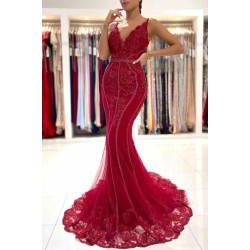 Burgundy V-Neck Sleeveless Mermaid Evening Dress Lace Appliques With Beadings