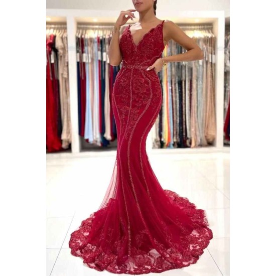 Burgundy V-Neck Sleeveless Mermaid Evening Dress Lace Appliques With Beadings