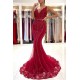 Burgundy V-Neck Sleeveless Mermaid Evening Dress Lace Appliques With Beadings