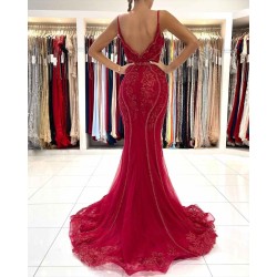 Burgundy V-Neck Sleeveless Mermaid Evening Dress Lace Appliques With Beadings