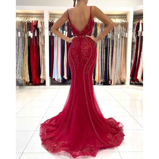 Burgundy V-Neck Sleeveless Mermaid Evening Dress Lace Appliques With Beadings