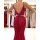 Burgundy V-Neck Sleeveless Mermaid Evening Dress Lace Appliques With Beadings