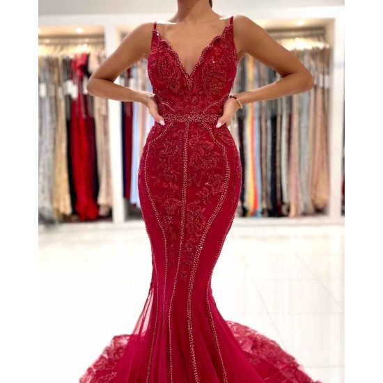 Burgundy V-Neck Sleeveless Mermaid Evening Dress Lace Appliques With Beadings