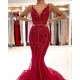 Burgundy V-Neck Sleeveless Mermaid Evening Dress Lace Appliques With Beadings