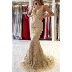 V-Neck Sleeveless Mermaid Evening Dress With Gold Appliques