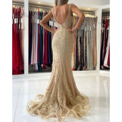 V-Neck Sleeveless Mermaid Evening Dress With Gold Appliques