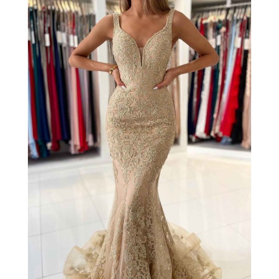 V-Neck Sleeveless Mermaid Evening Dress With Gold Appliques