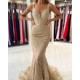 V-Neck Sleeveless Mermaid Evening Dress With Gold Appliques
