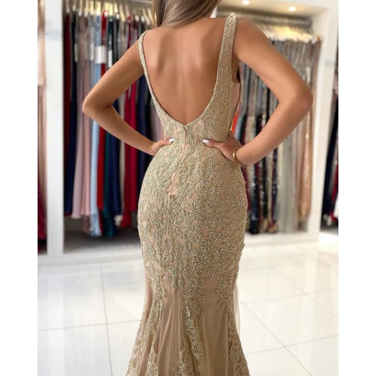 V-Neck Sleeveless Mermaid Evening Dress With Gold Appliques