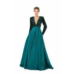Elegant Long sleeve Deep V-neck Dark green Evening Dress | Ballbella Real Shooting