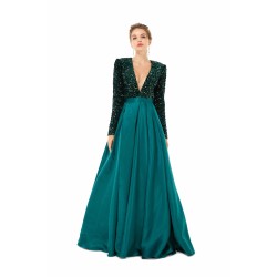 Elegant Long sleeve Deep V-neck Dark green Evening Dress | Ballbella Real Shooting