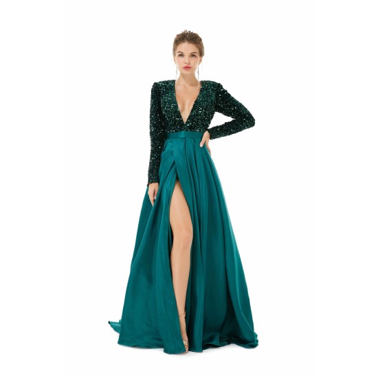 Elegant Long sleeve Deep V-neck Dark green Evening Dress | Ballbella Real Shooting