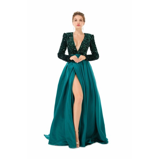 Elegant Long sleeve Deep V-neck Dark green Evening Dress | Ballbella Real Shooting