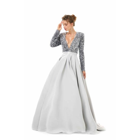 Elegant Long sleeve Deep V-neck Dark green Evening Dress | Ballbella Real Shooting