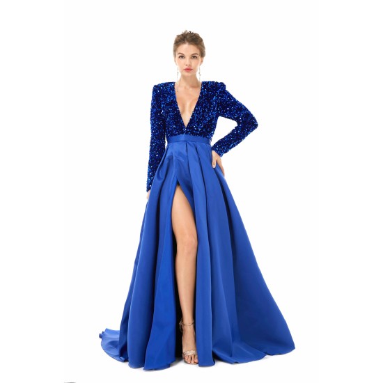 Elegant Long sleeve Deep V-neck Dark green Evening Dress | Ballbella Real Shooting